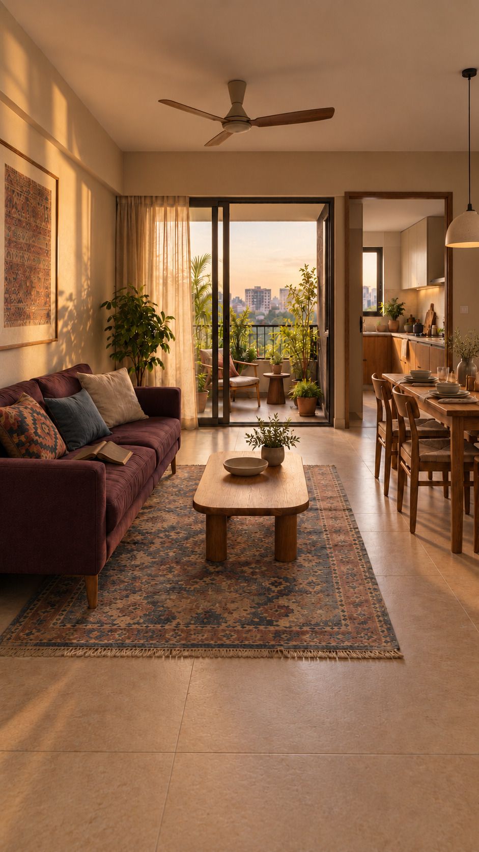 A calm, tidy living room in the evening