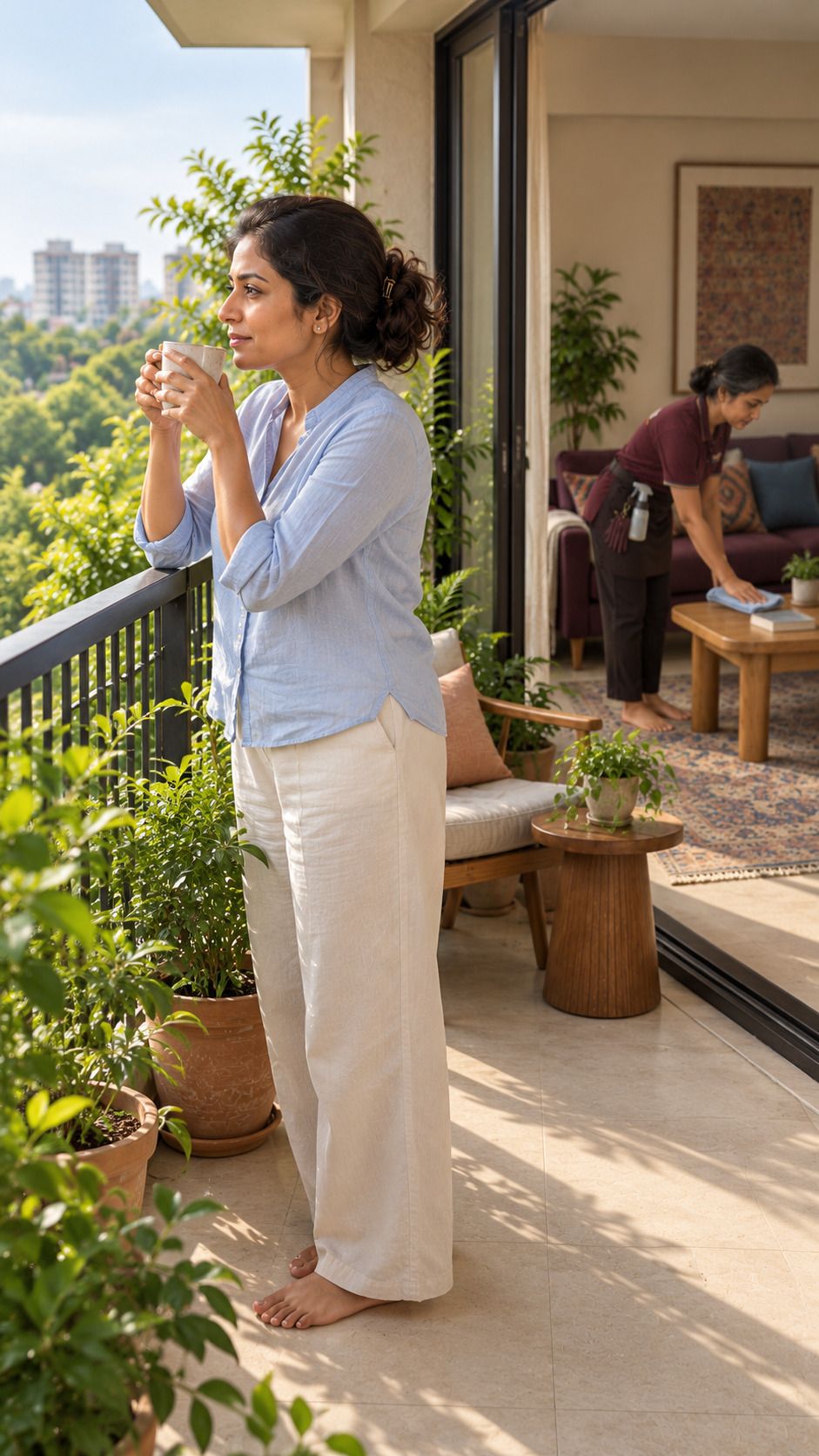 Balcony: Home Member with a coffee mug, Home Keeper cleaning behind